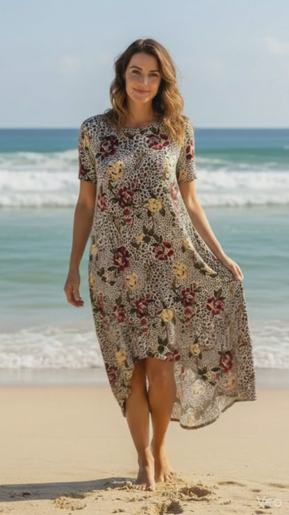 LuLaRoe Carly • High Low Hemline Swing Dress • Leopard and Floral Print