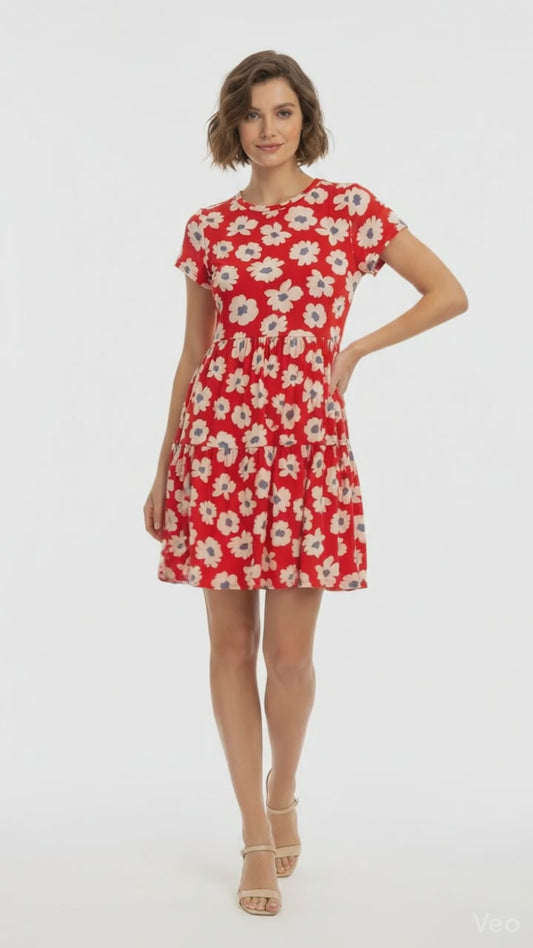 LuLaRoe Ariel Three Tiered Dress with Pockets • Red Ivory Large Floral