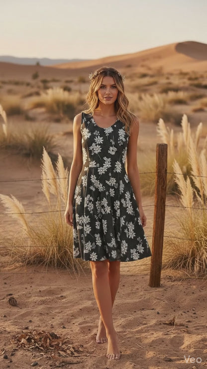 Nicki • A-Line • Sleeveless • Fit and Flare Dress • Black and White Daisy