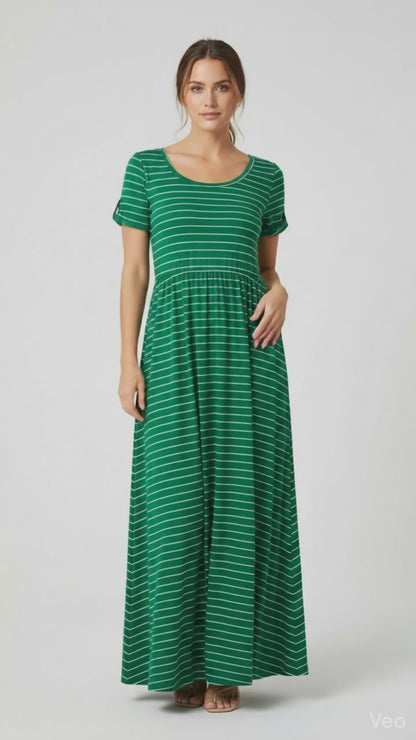 LuLaRoe Riley • Empire Waist Midi Dress • Green White Stripe