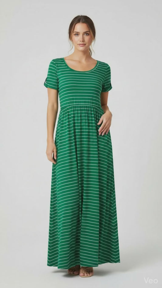 LuLaRoe Riley • Empire Waist Midi Dress • Green White Stripe