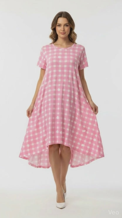 LuLaRoe Carly • High Low Hemline Swing Dress • Checkered • Pink and White