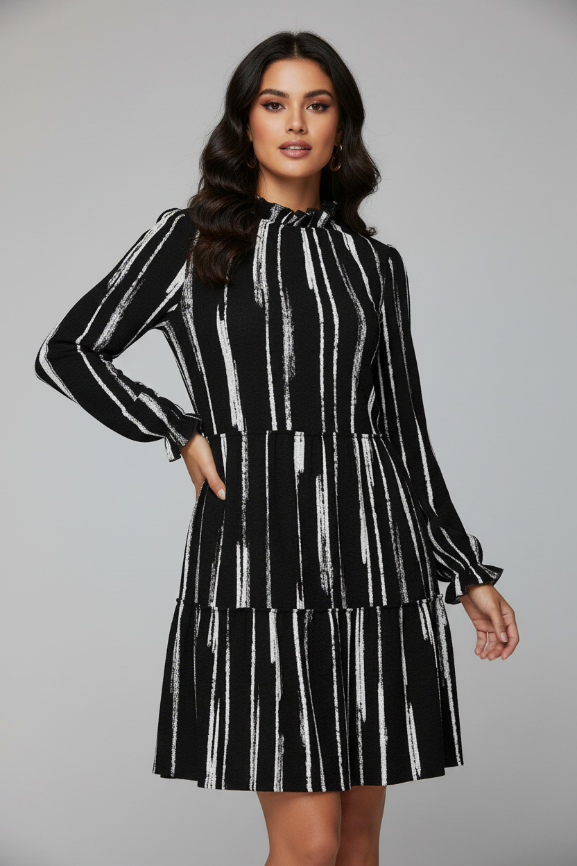 LuLaRoe Annabelle Ruffled Tiered Dress • Black White Vertical Distress Texture